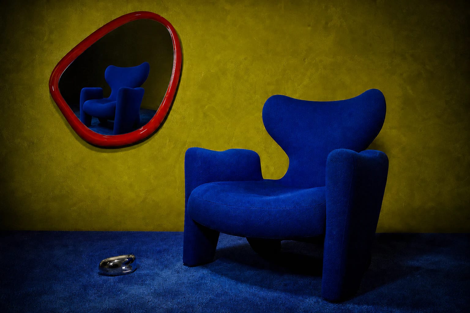 A sculptural cobalt chair and red-framed mirror in an olive-colored anteroom.