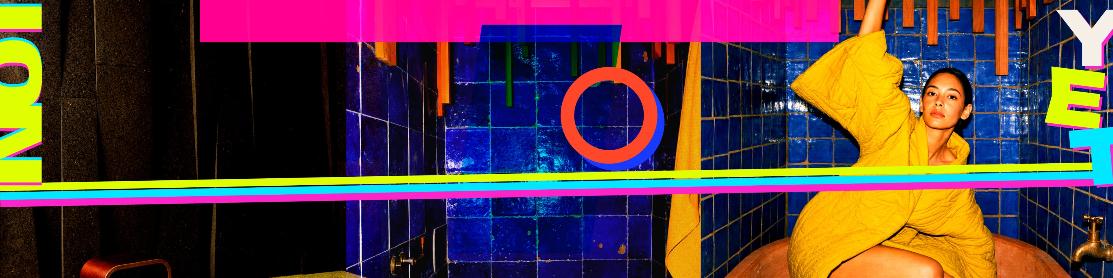 A saturated club-treatment panorama with a woman in sculptural yellow clothing inside a blue-tiled room, crossed by magenta, acid-green, cyan, and vermilion graphics.