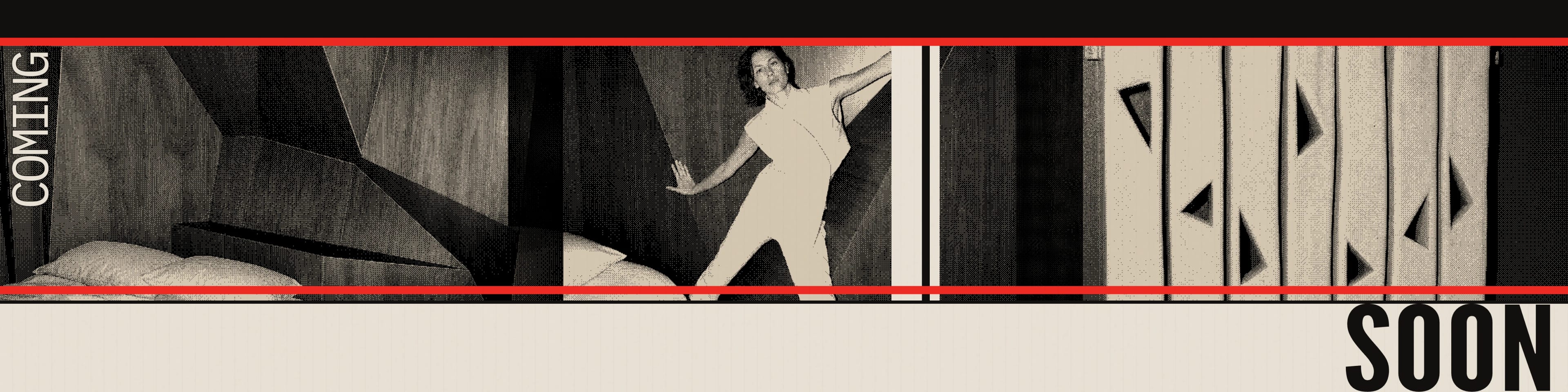A grainy black-and-bone photostat panorama showing a woman moving through geometric rooms between the words Coming and Soon.