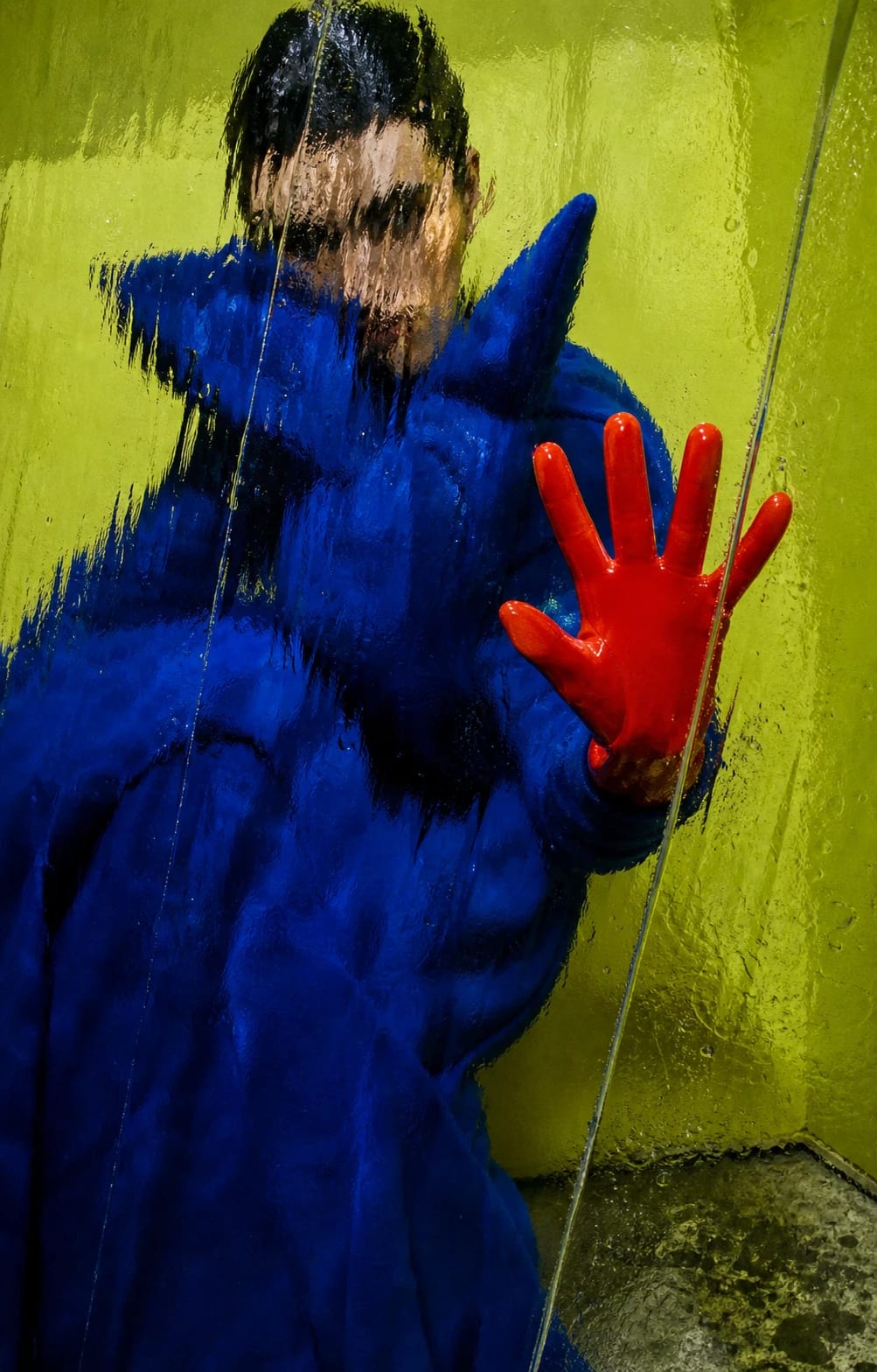 A figure in cobalt blue seen through rippled glass, one red-gloved hand pressed toward the viewer.