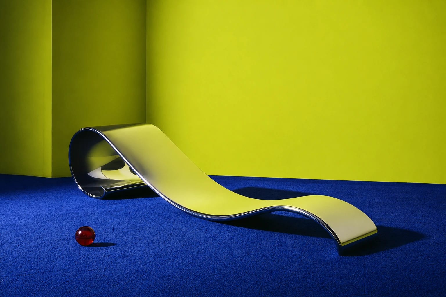 A mirror-polished wave-shaped chaise on cobalt carpet in an acid-green room.