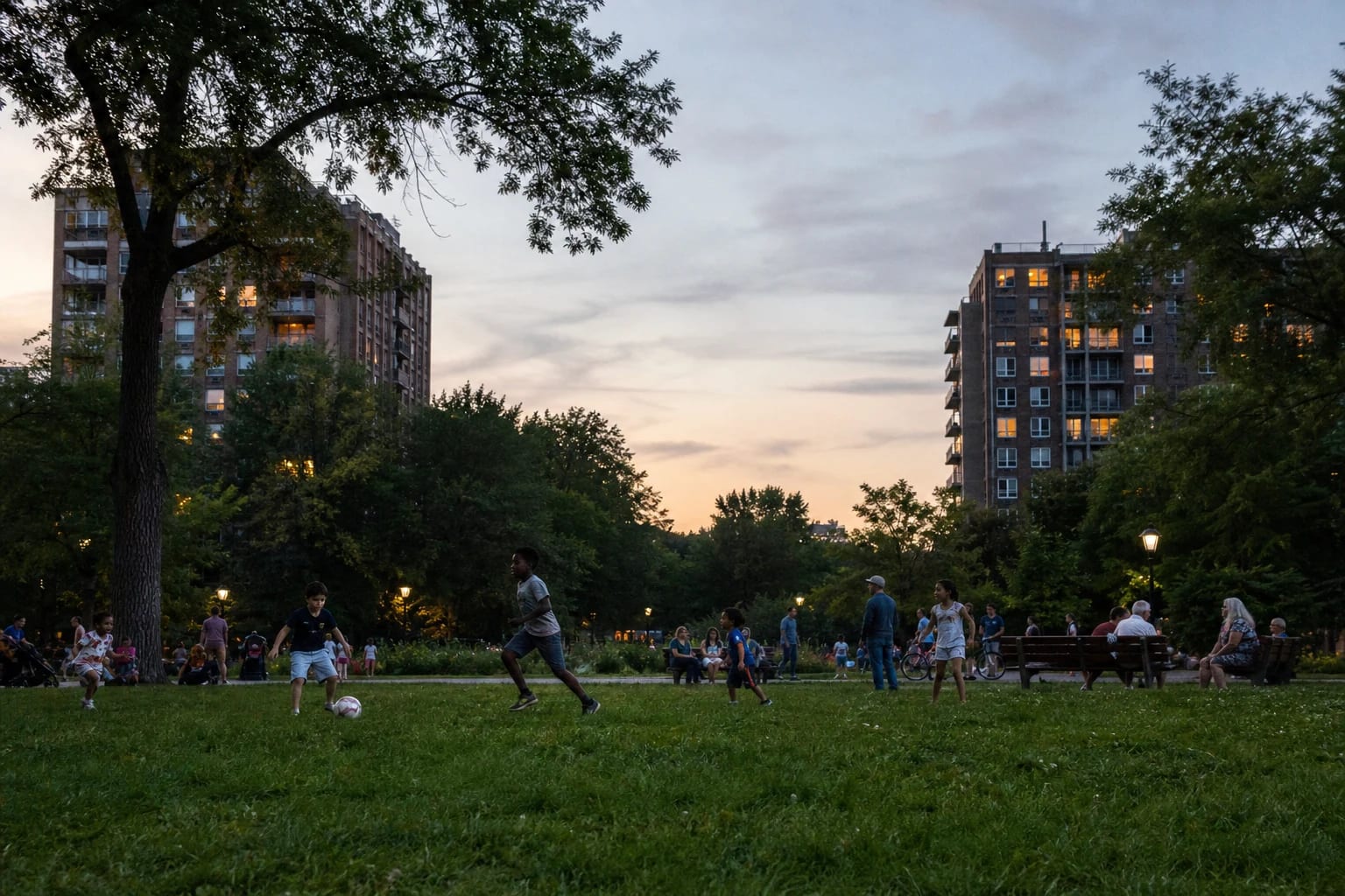 Children playing football while neighbors gather in a green city park at dusk.