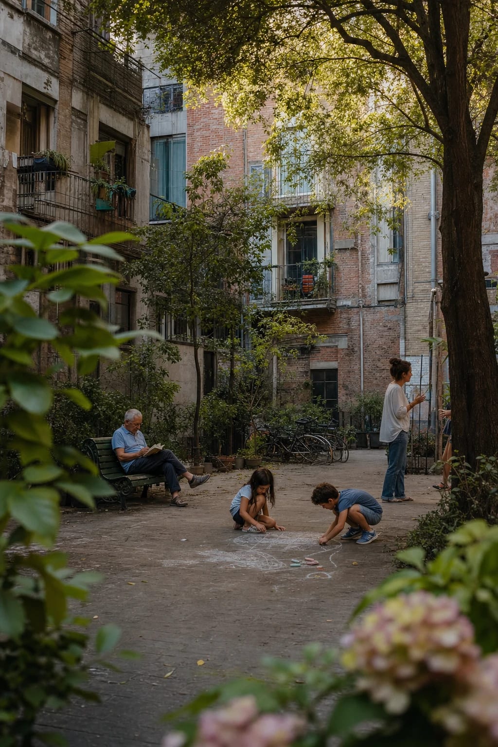 Children drawing with chalk while neighbors gather in a tree-filled residential courtyard.