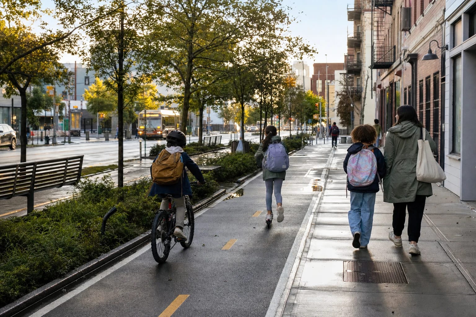 Children cycling, scootering, and walking with an adult along a wet, tree-lined school street.